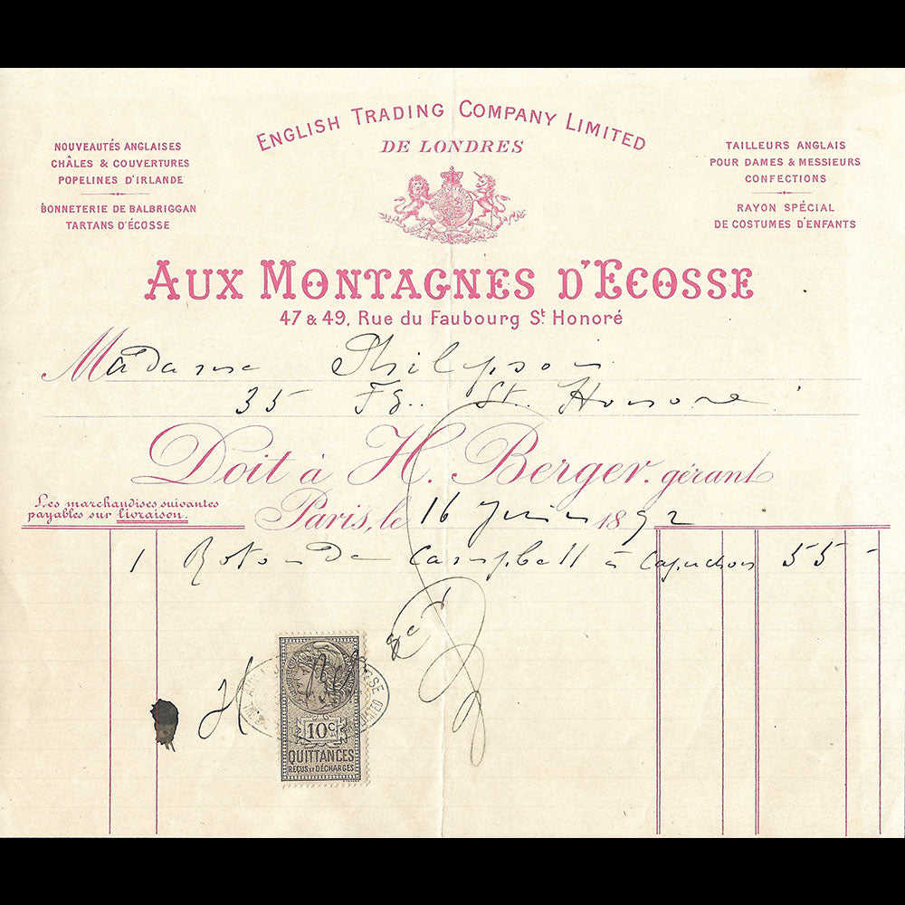 Aux Montagnes d'Ecosse - Facture du tailleur, 47-49 rue du Faubourg Saint-Honoré à Paris (1892)