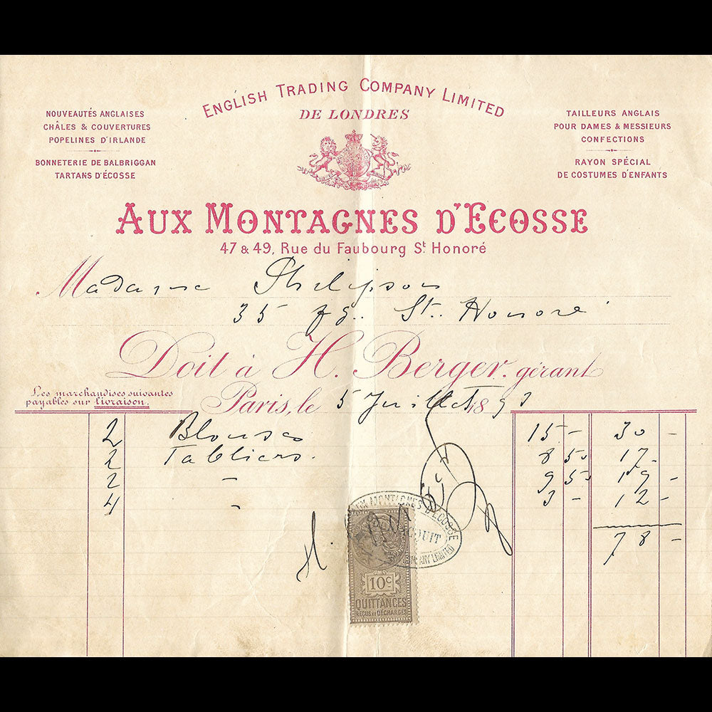 Aux Montagnes d'Ecosse - Facture du tailleur, 47-49 rue du Faubourg Saint-Honoré à Paris (1897)
