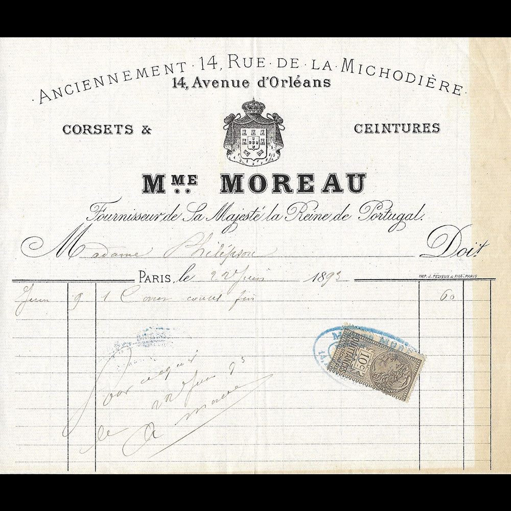 Mme Moreau - Facture de la maison de corsets, 14 avenue d'Orléans à Paris (1895)