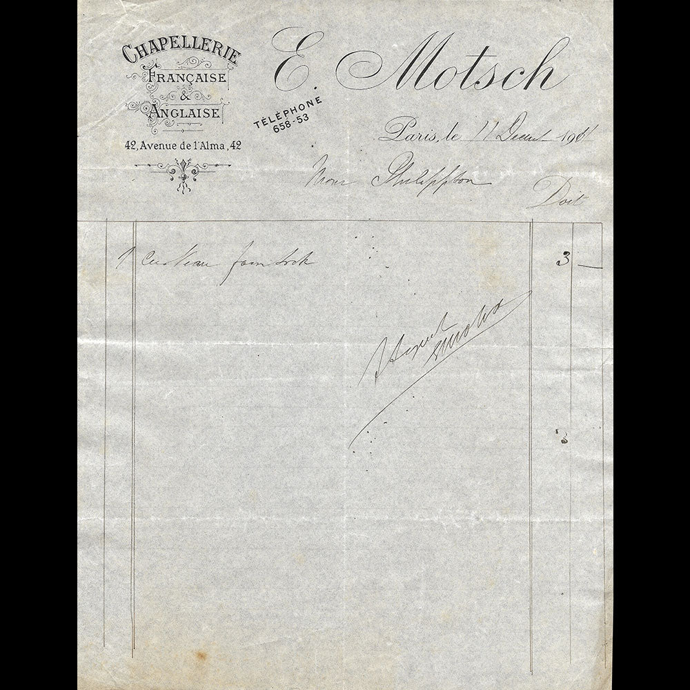 E. Motsch - Facture de la maison de chapellerie, 42 avenue de l'Alma à Paris (1911)