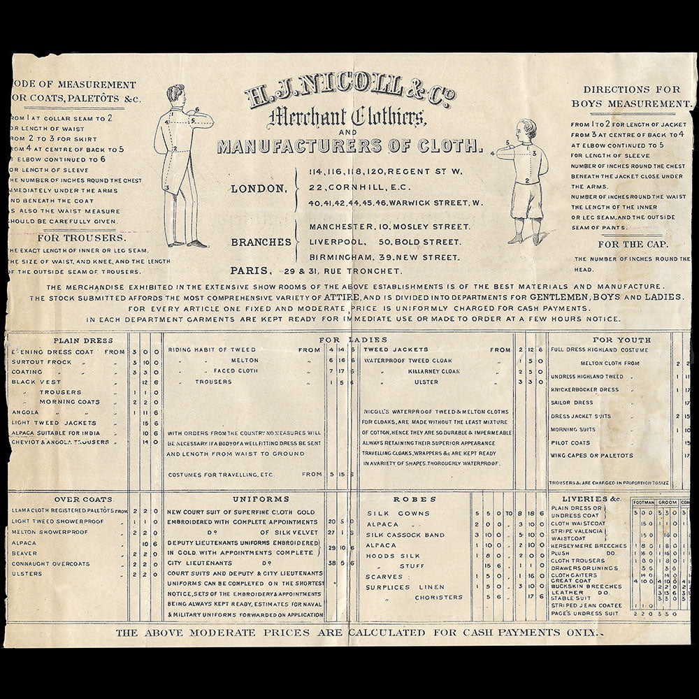 H. J. Nicoll - Facture du tailleur, 29-31 rue Tronchet à Paris (1889)