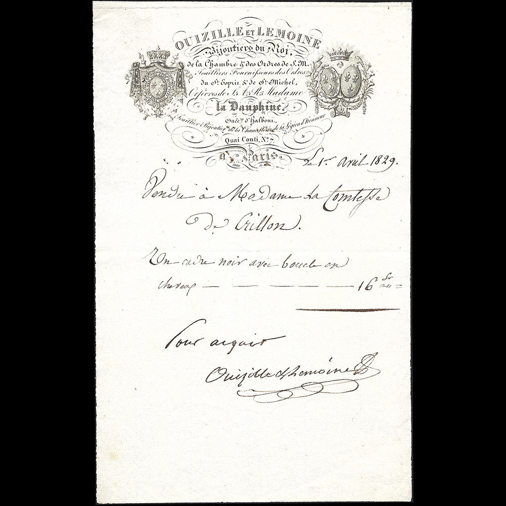 Ouizille et Lemoine - Facture des bijoutiers du roi, Quai Conti n°7, Paris (1829)