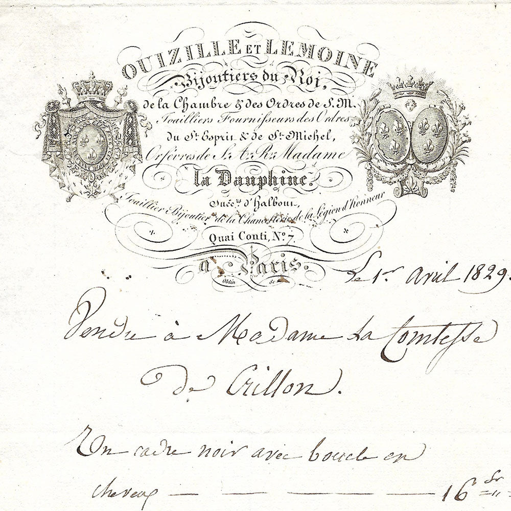Ouizille et Lemoine - Facture des bijoutiers du roi, Quai Conti n°7, Paris (1829)