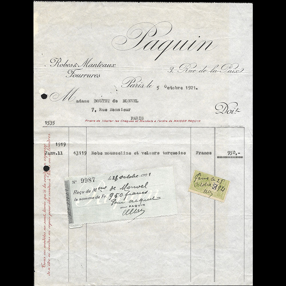 Paquin - Facture, 3 rue de la Paix, Paris (1921)