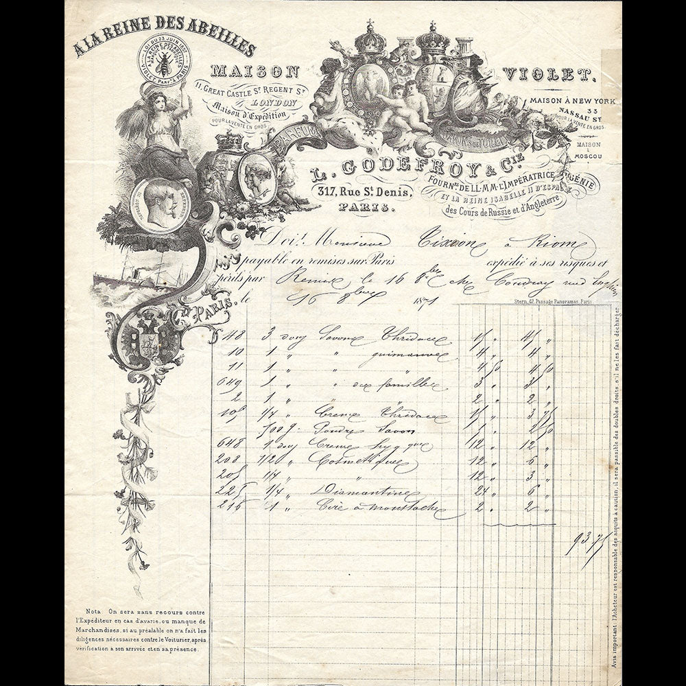 Maison Violet - Facture de la maison de parfums, A la Reine des abeilles, 317 rue Saint-Denis à Paris (1871)