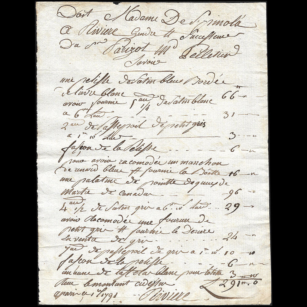 Parizot - Mémoire du marchand pelletier à Paris (1791)
