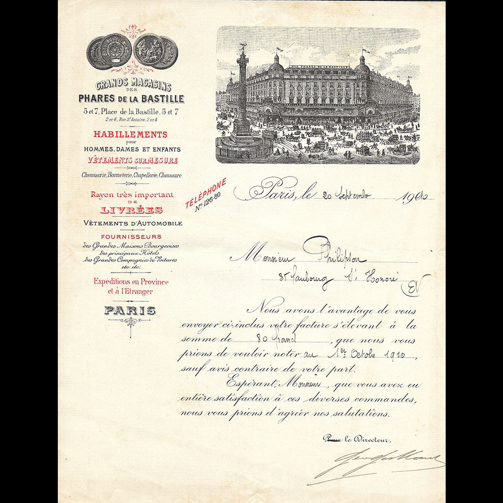 Phares de Bastille - Facture des grands magasins, 5 et 7 place de la Bastille à Paris (1910)