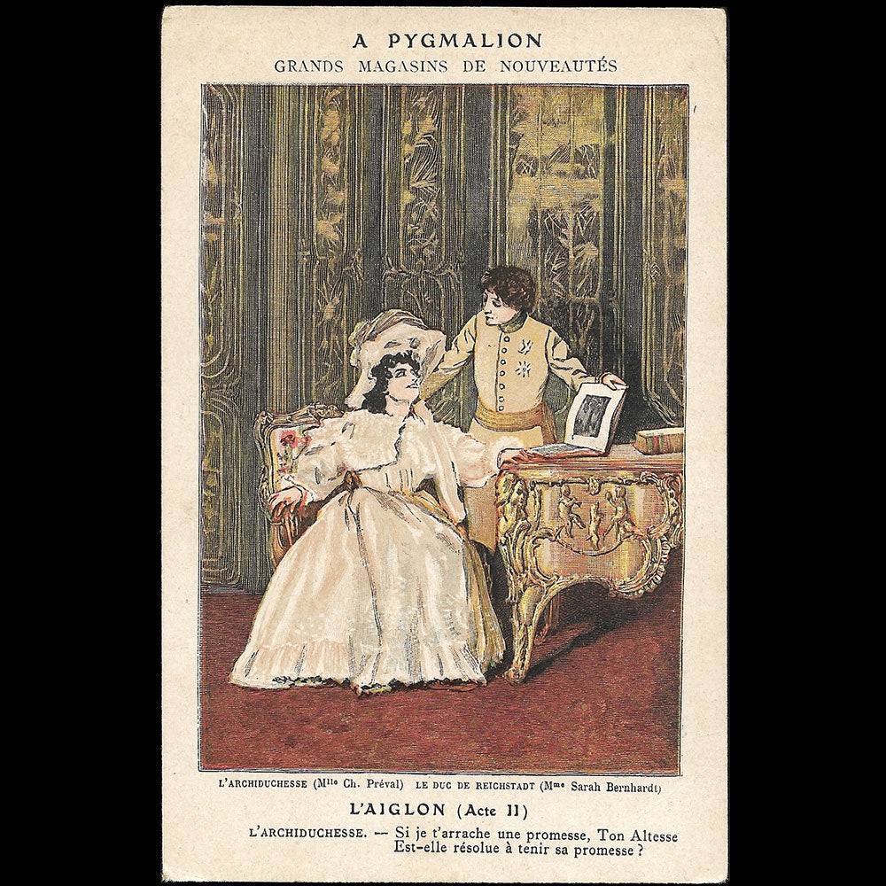 Pygmalion - L'Aiglon, Acte II, carte des grands magasins de nouveautés, 9 boulevard Sebastopol à Paris (1900s)