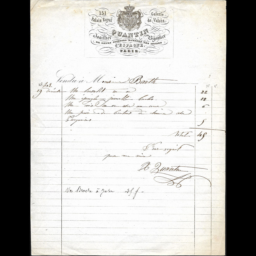 Quantin - Facture du joaillier bijoutier, galerie Valois au Palais Royal à Paris (1842)