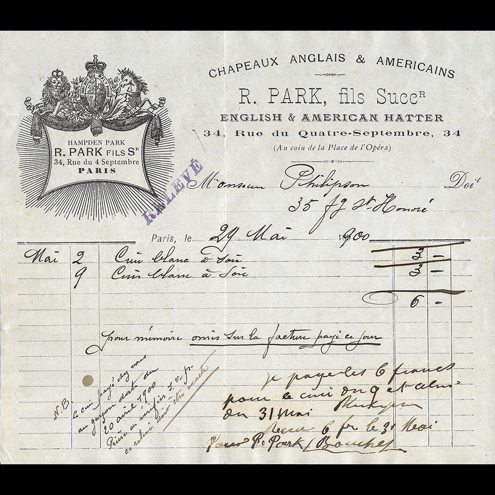 Hamden Park - Facture de la maison de chapellerie, 34 rue du 4 septembre à Paris (1900)
