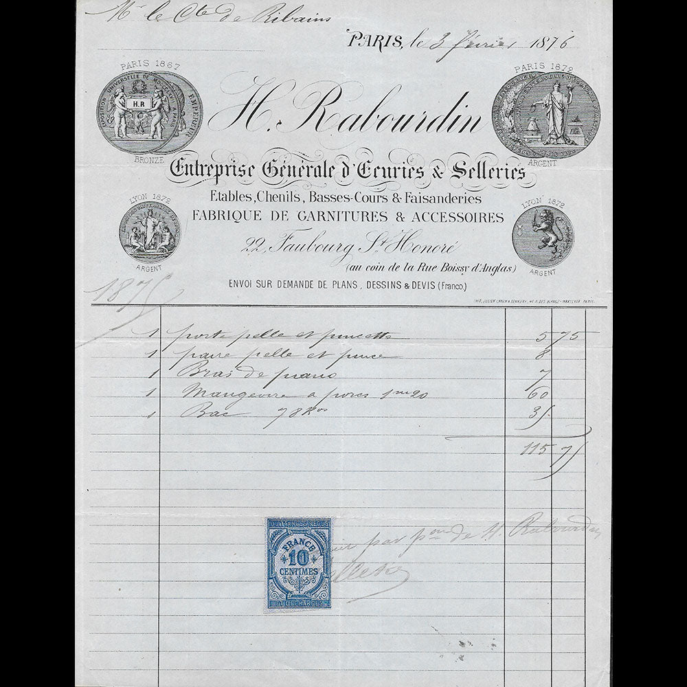 Rabourdin - Facture de l'entreprise générale d'écuries et de sellerie, 22 faubourg Saint-Honoré (1875)