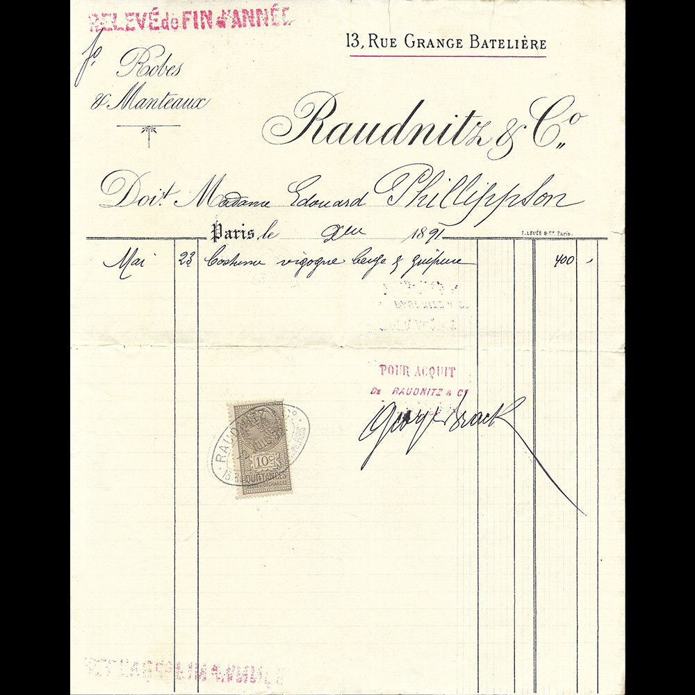 Raudnitz & Co - Facture de la maison de couture, 13 rue de la Grange Batelière à Paris (1891)