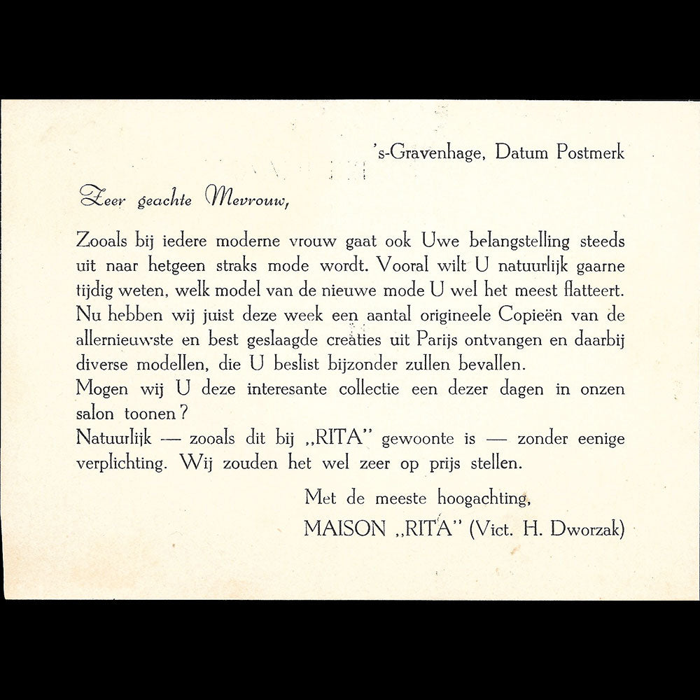Rita Modèles - invitation de la maison de chapeaux, Den Haag (1930s)