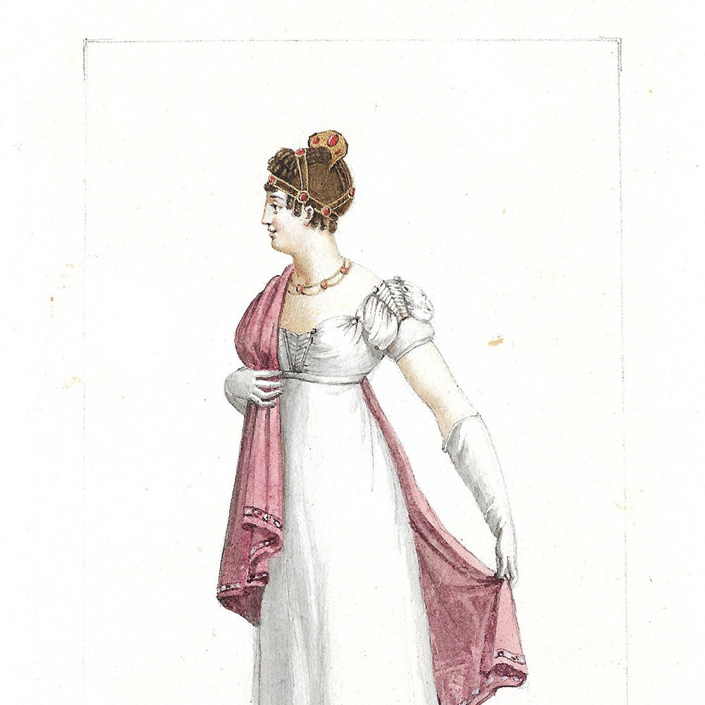 Robe de percale, coiffure en cheveux - Dessin pour un périodique de mode (1800-1810s)