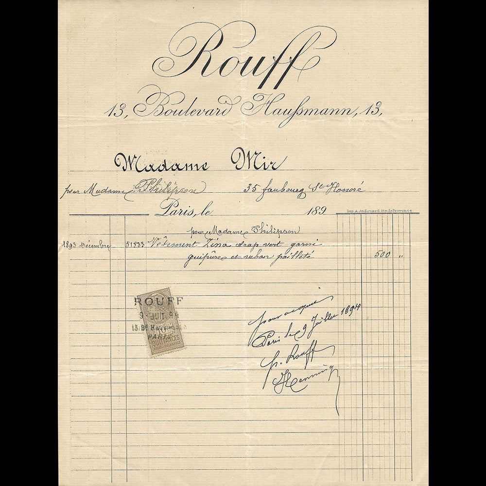 Rouff - Facture de la maison de lingerie, 13 boulevard Haussmann à Paris (1894)