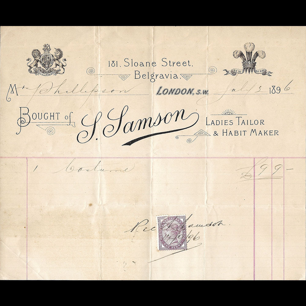 A. Samson - Facture du tailleur, 181 Sloane Street, London (1896)