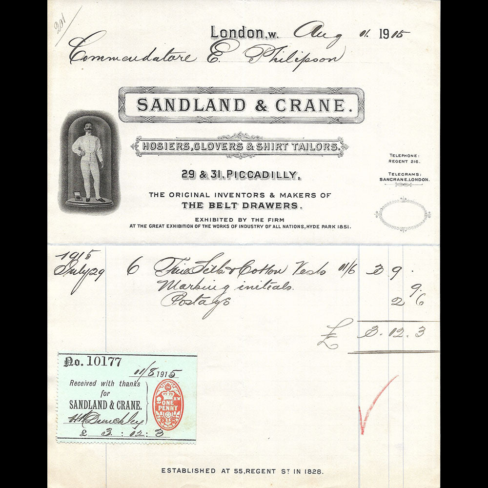 Sandman & Crane - Facture du chemisier, 29 & 31 Piccadilly London (1915)