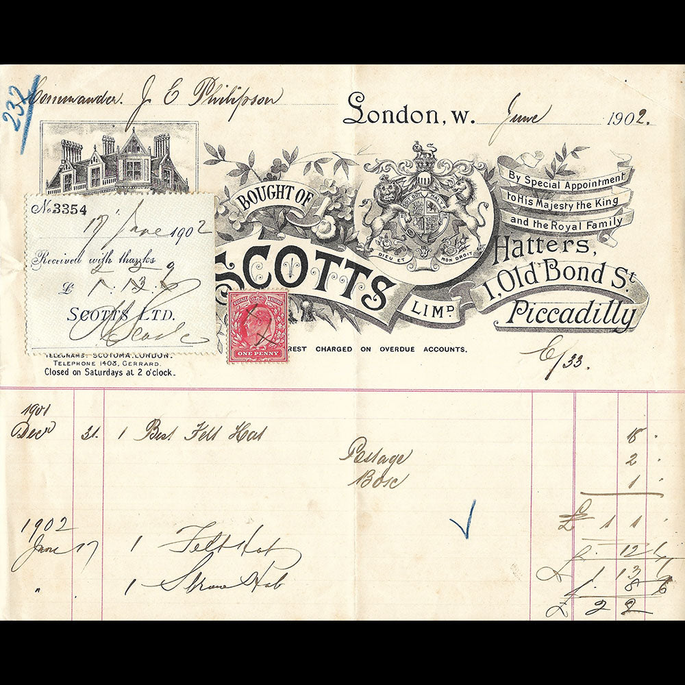 Scotts - Facture de la maison de chapellerie, 1 Old Bond Street, London (1902)