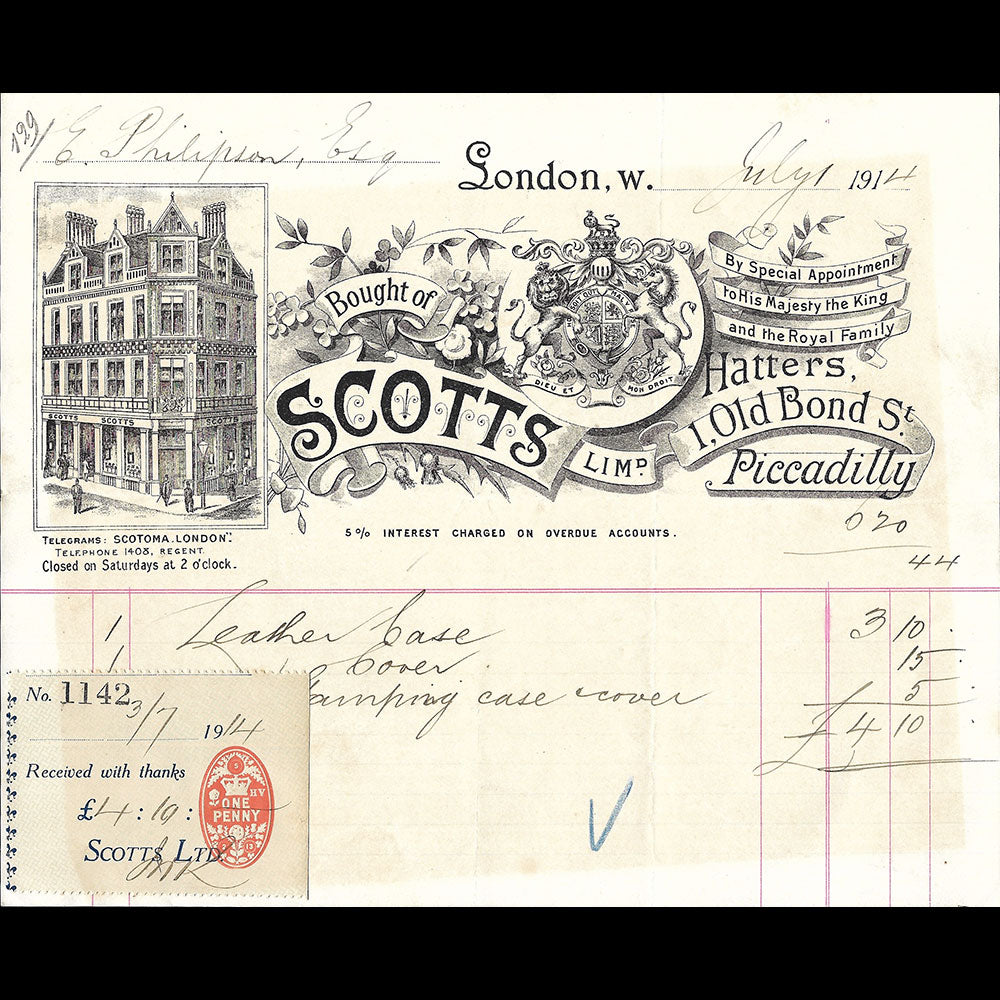 Scotts - Facture de la maison de chapellerie, 1 Old Bond Street, London (1914)