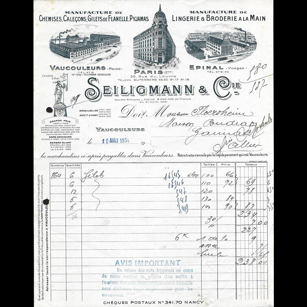 Seiligmann & Cie - Facture de la manufacture de lingerie, 35 rue du Louvre à Paris (1934)