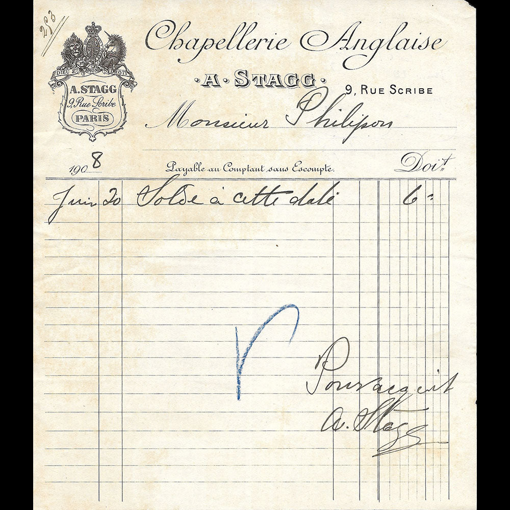 A. Stagg - Facture de la maison de chapellerie anglaise, 9 rue Scribe à Paris (1908)