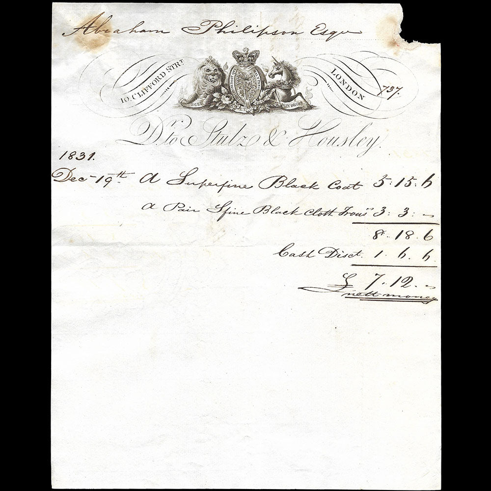 Stulz & Housley - Facture du tailleur, 10 Clifford Street, London (1831)