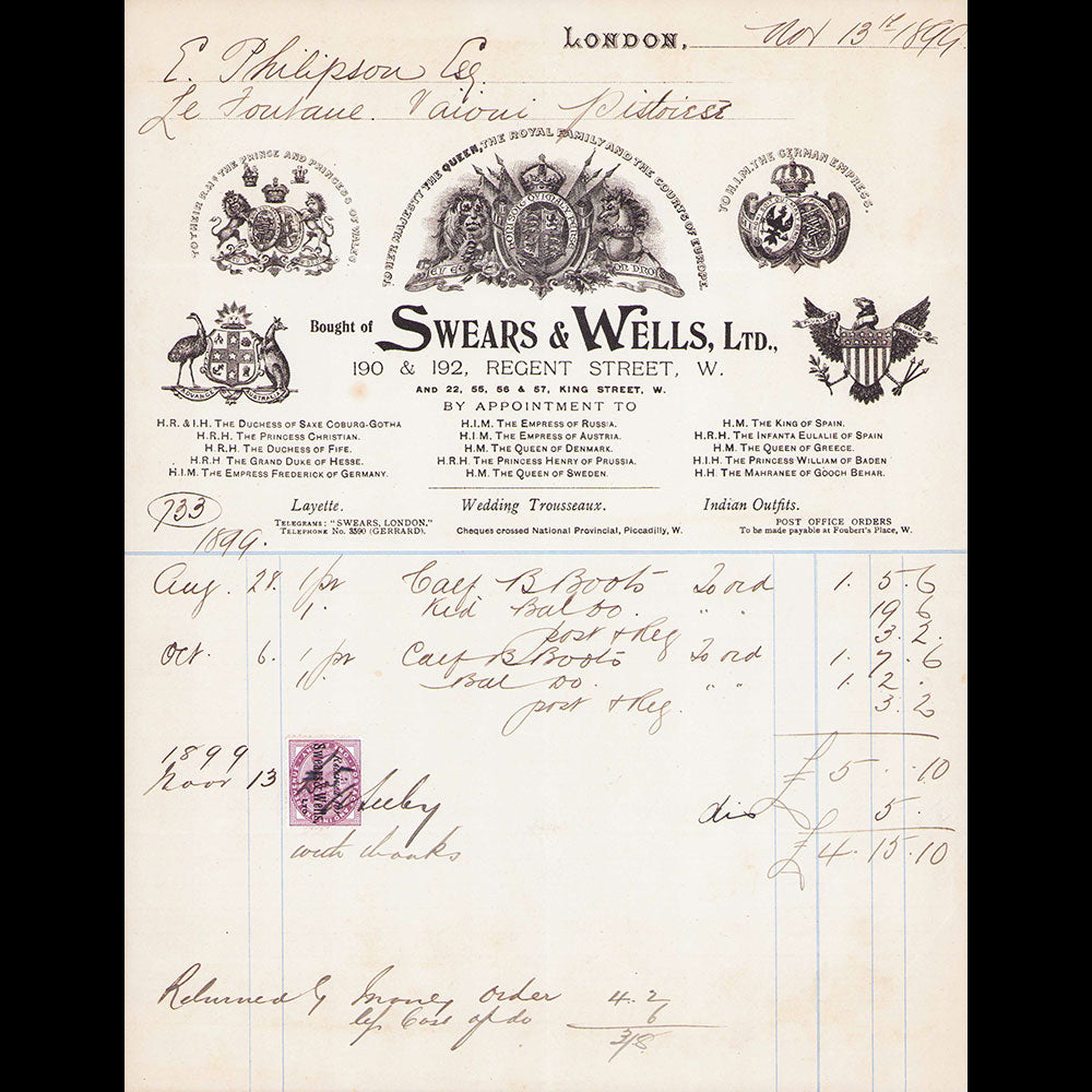 Swears & Wells - Facture du magasin de nouveautés, 192 Regent Street London (1899)