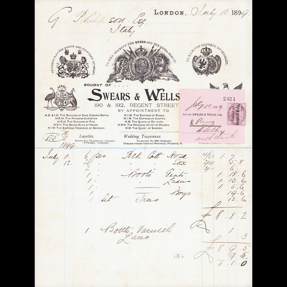 Swears & Wells - Facture du magasin de nouveautés, 192 Regent Street London (1899)