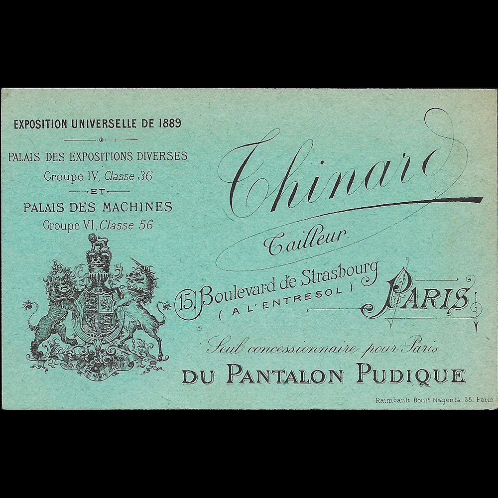 Thinard - Carte du tailleur, 15 Boulevard de Strasbourg à Paris pour l'Exposition Universelle de 1889