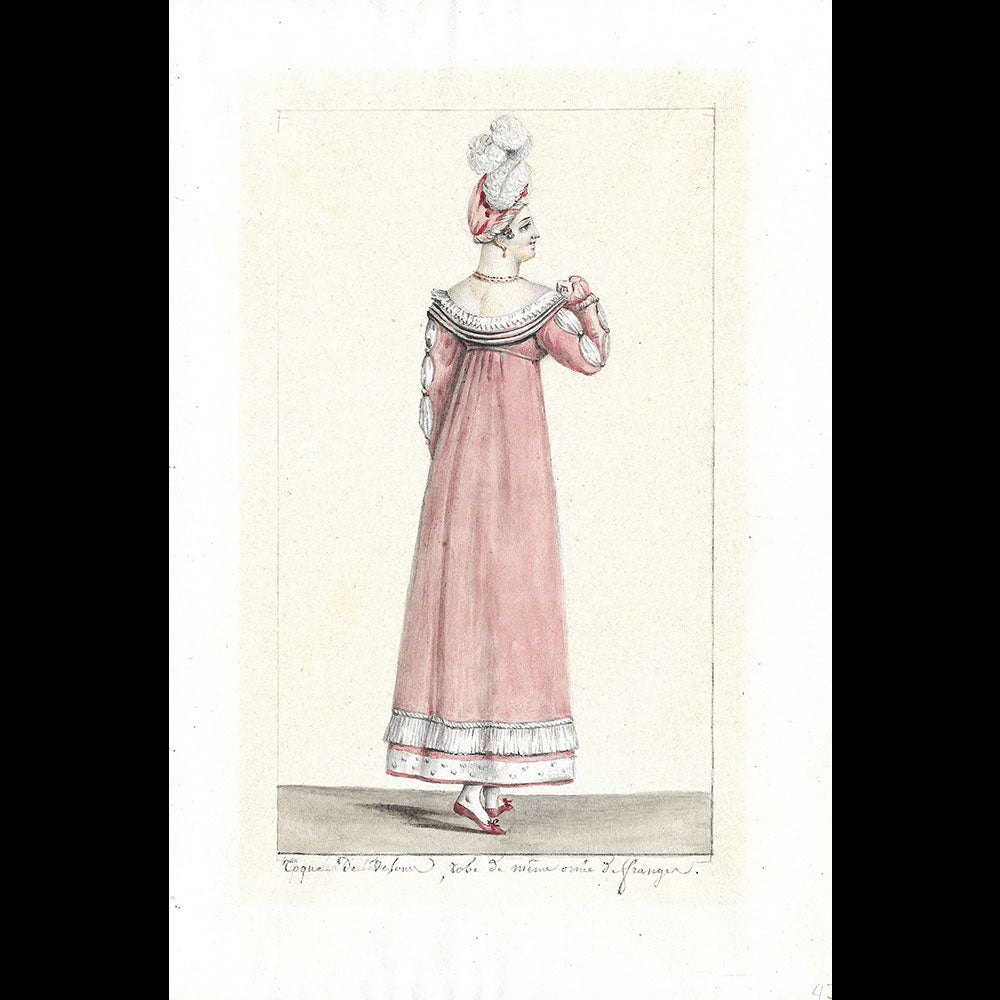 Toque de velours, robe de velours - Dessin pour un périodique de mode (1800-1810s)