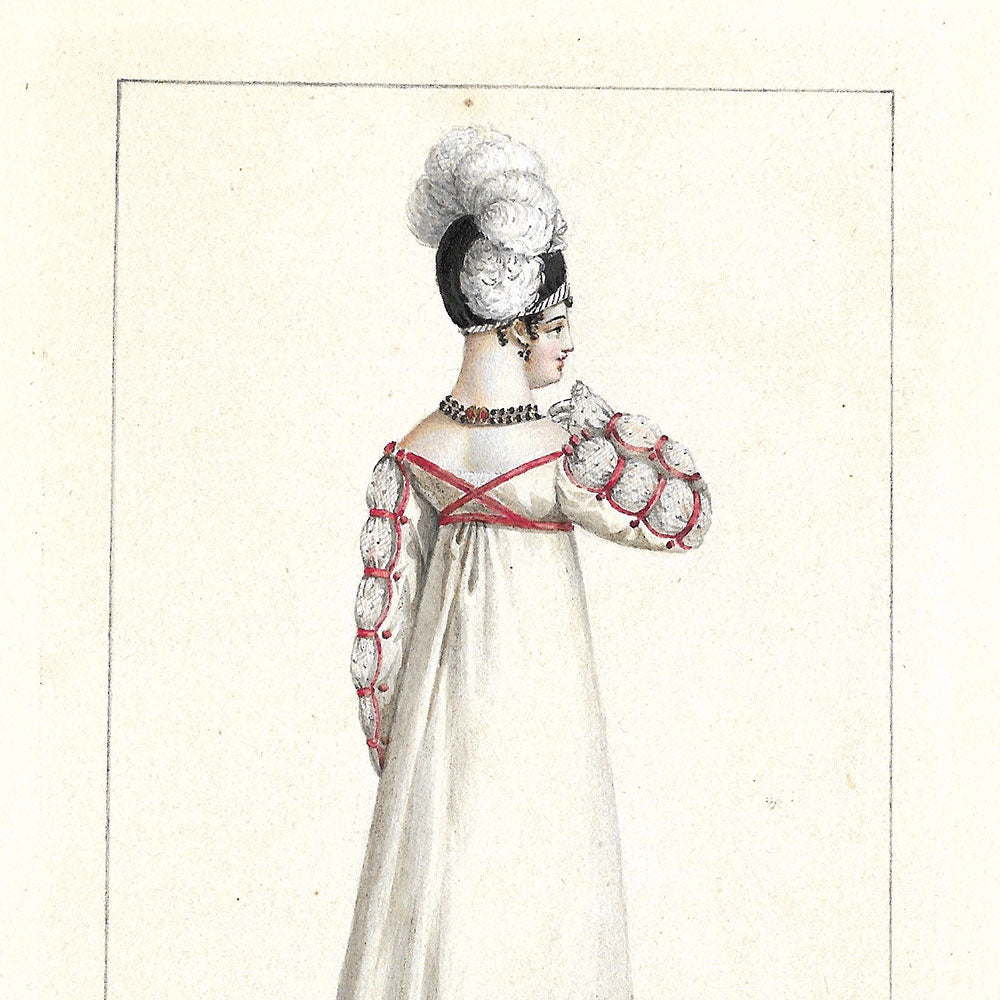 Toque de velours noir, robe de Merinos - Dessin pour un périodique de mode (1800-1810s)