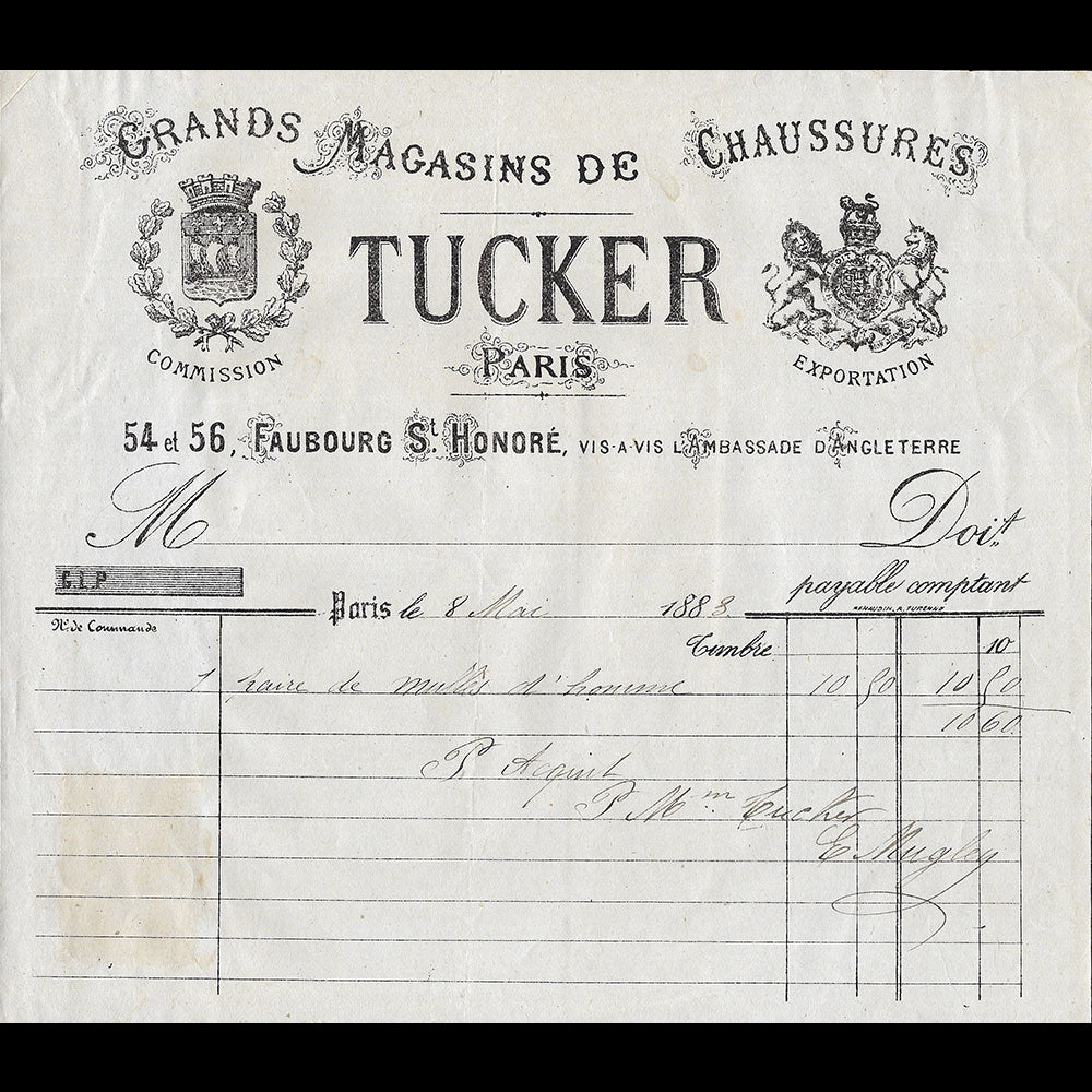 Tucker - Facture des Grands Magasins de chaussures, 54-56 Faubourg Saint-Honoré à Paris (1883)