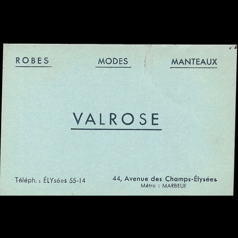 Valrose - Carte de la maison de couture, lingerie et mode, 44 avenue des Champs Elysées à Paris (1940s)