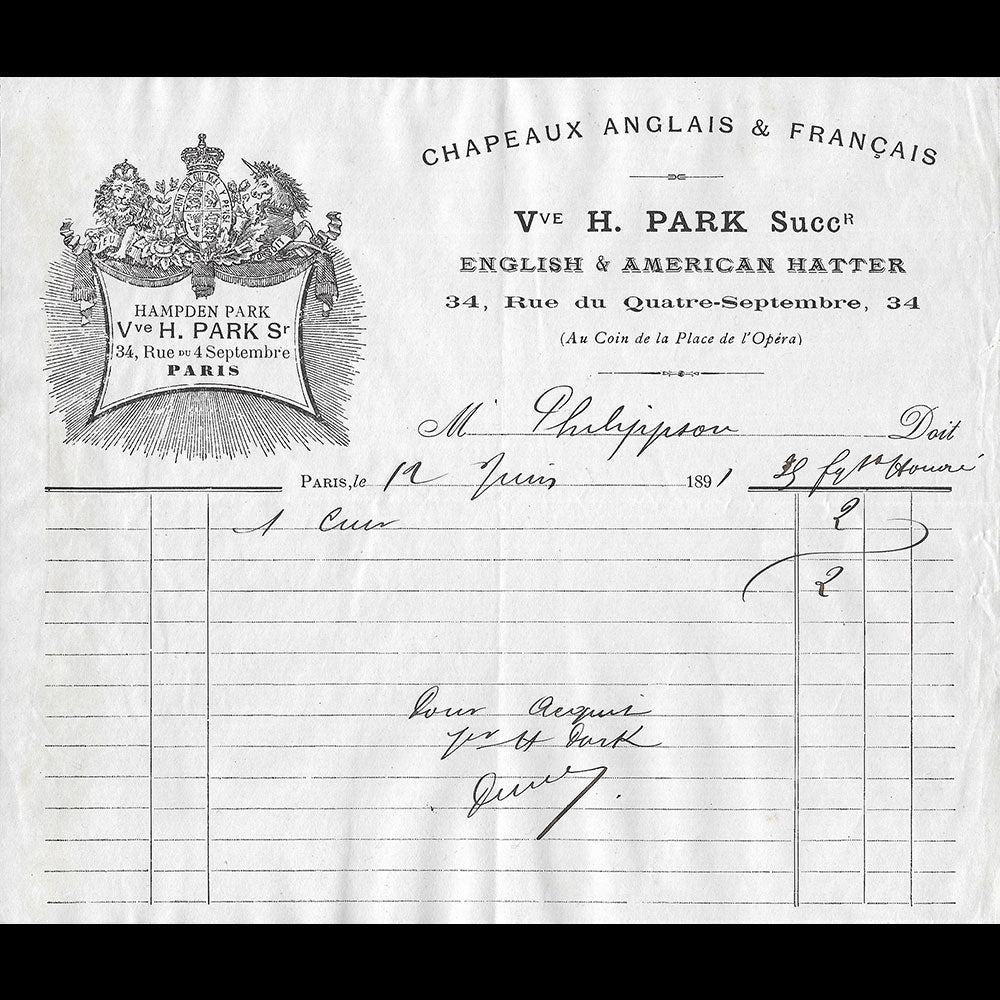 Veuve Hampden Park - Facture de la maison de chapellerie, 34 rue du 4 septembre à Paris (1891)