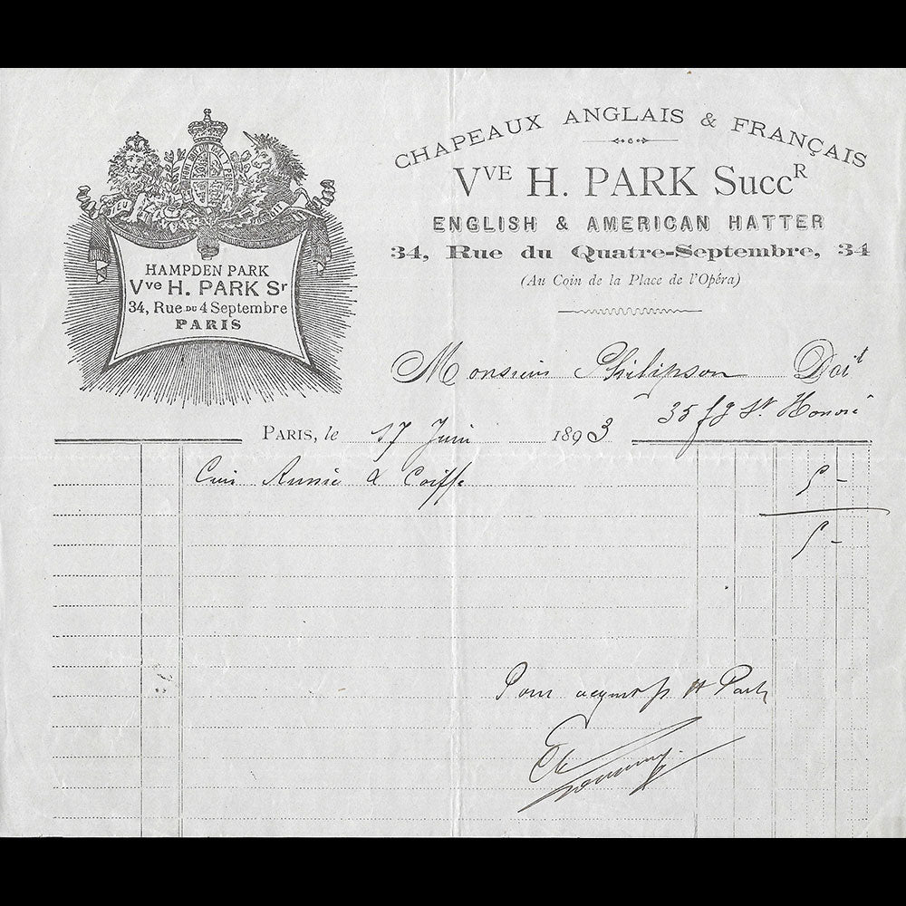 Veuve Hampden Park - Facture de la maison de chapellerie, 34 rue du 4 septembre à Paris (1893)