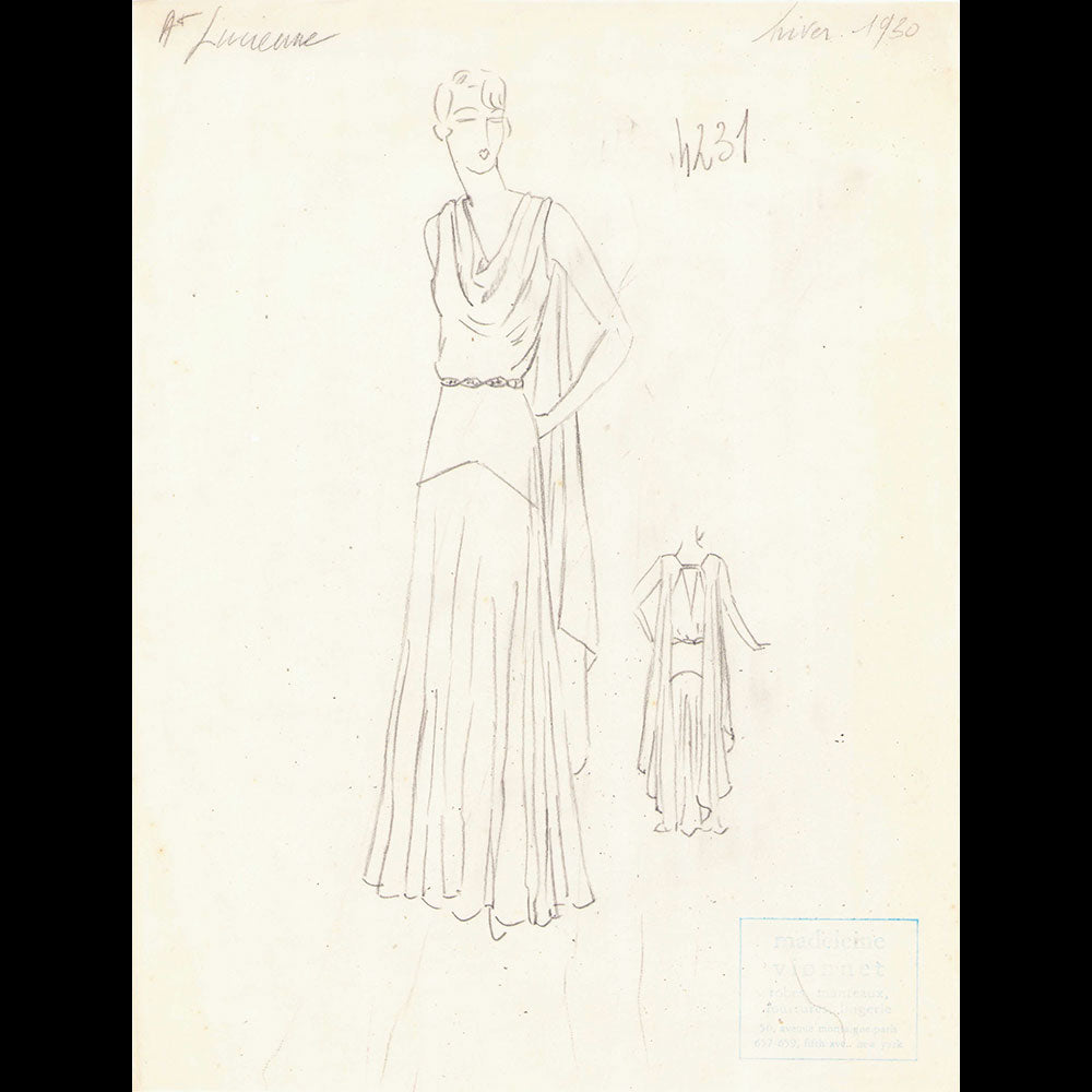 Vionnet - Dessin d'une robe pour l'hiver 1930-1931