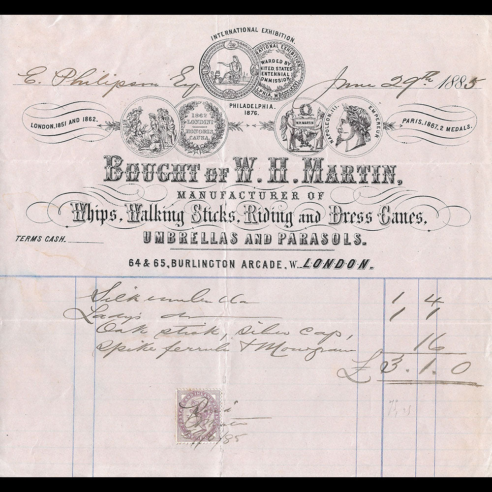 W. H. Martin - Facture de la maison de cannes et parapluies, 64-65 Burlington Arcade, London (1885)
