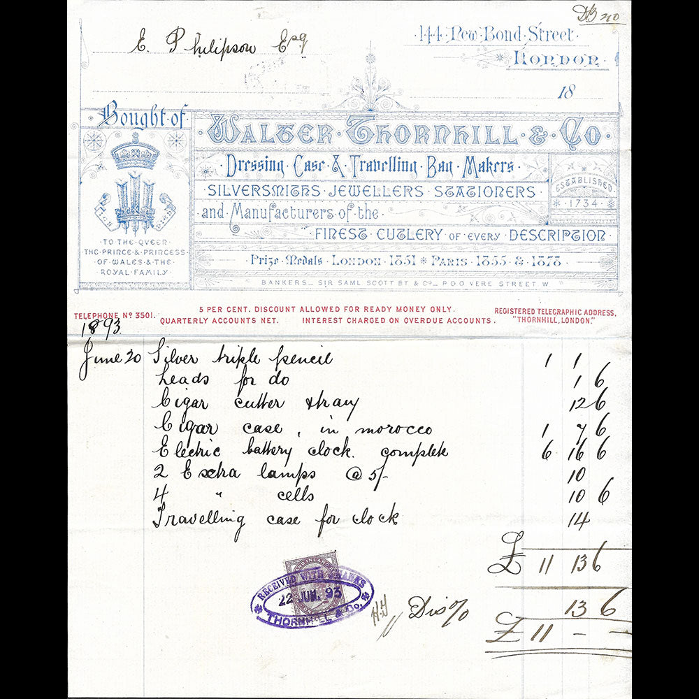 Walter Thornhill & Co- Facture de la maison, 444 New Bond Street, London (1893)