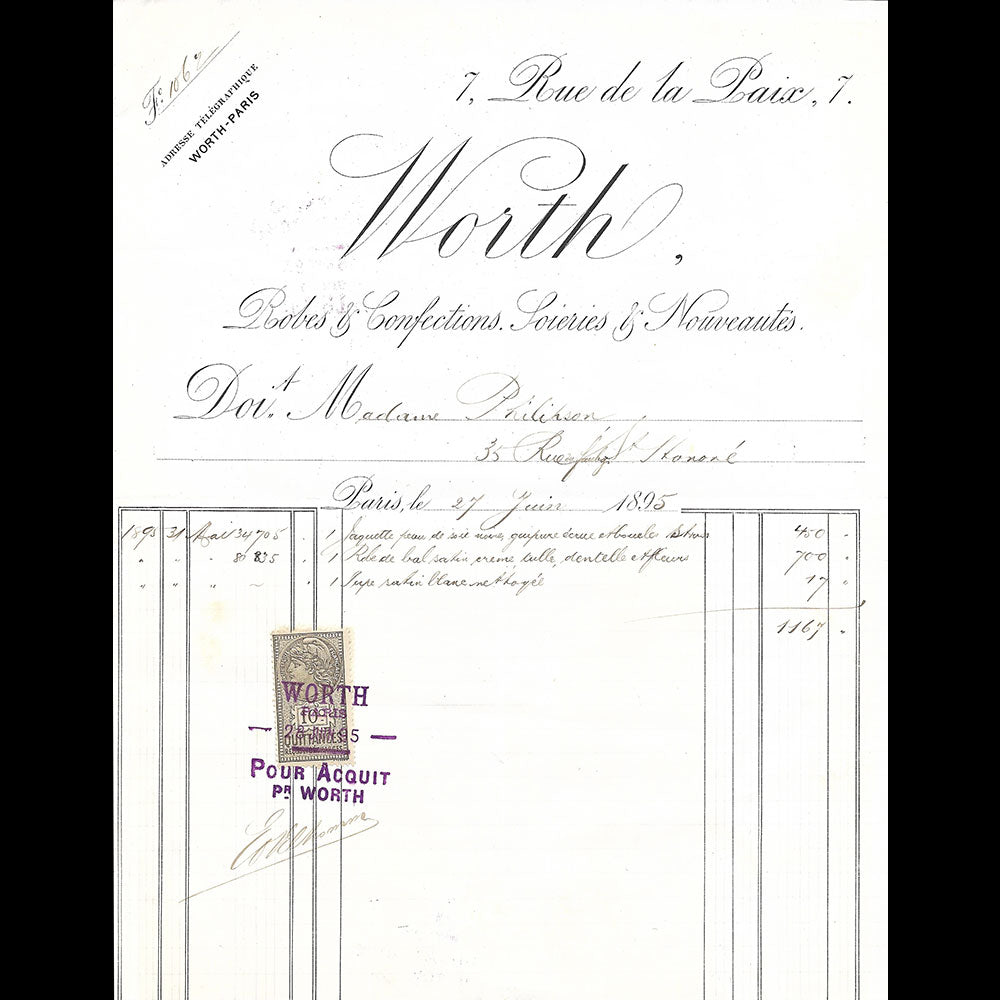 Worth - Facture de la maison de couture, 7 rue de la Paix, Paris (1895)