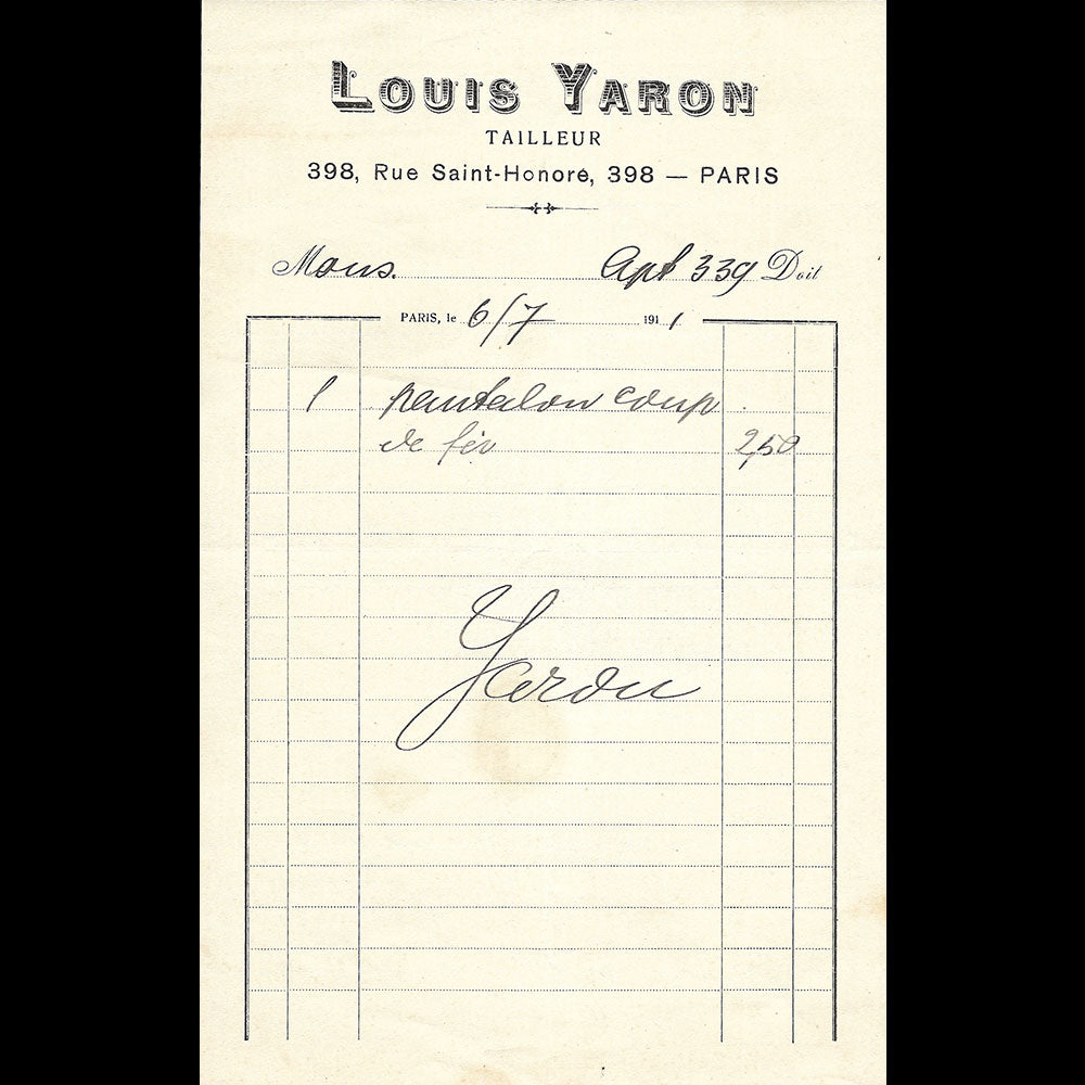 Louis Yaron - Facture du tailleur, 398 rue Saint-Honoré à Paris (1911)