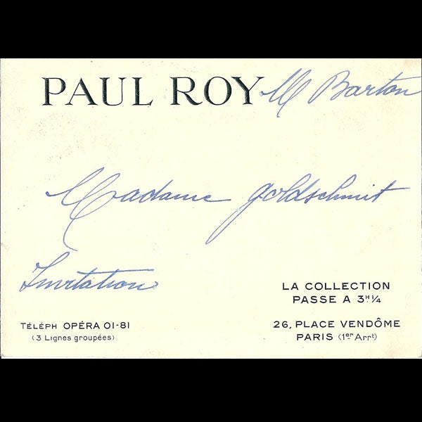 Carton d'invitation de la maison Paul Roy, 26 place Vendôme à Paris (circa 1937-1940)