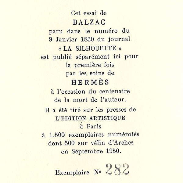 Balzac - Etude de moeurs par les gants, tirage numéroté par Hermès (1950)