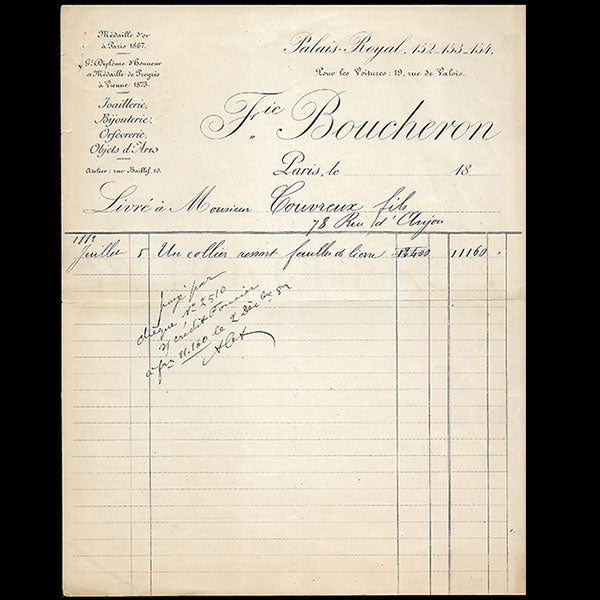 Boucheron - Facture de la maison de joaillerie, bijouterie, orfèvrerie et objets d'arts, Palais Royal à Paris (1889)
