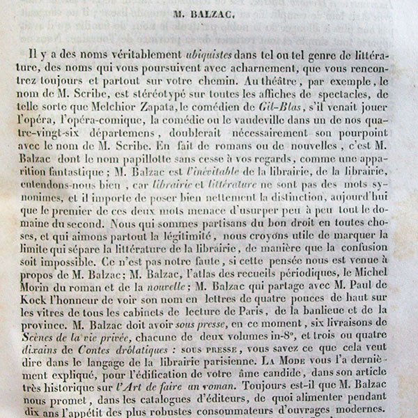 La Mode 1834, réunion de 56 livraisons dont celle comprenant l'article Monsieur Balzac