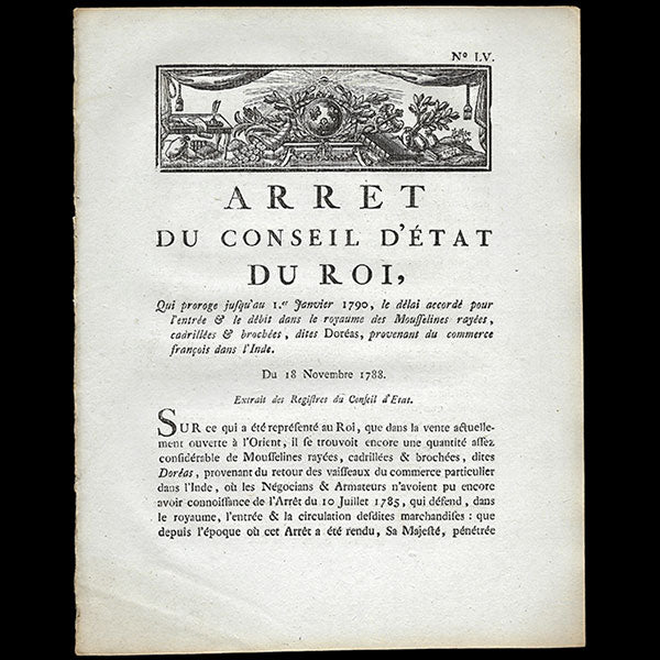 Arrêt du Conseil d'Etat du Roi sur les mousselines rayées, cadrillées et brochées venant du commerce français dans l'Inde (1788)
