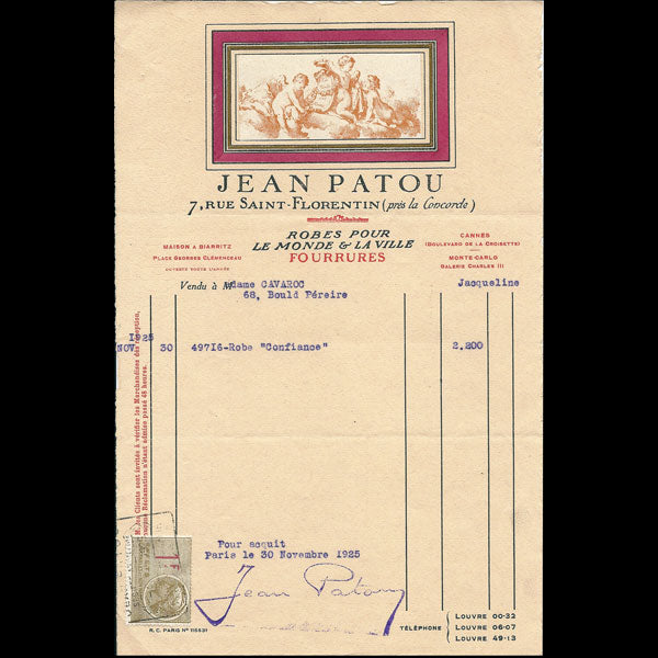 Patou - Facture de la maison Jean Patou, robes pour le monde et la ville, fourrures, 1925