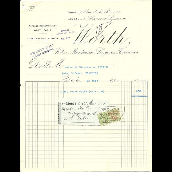 Facture de la maison Worth, 7 rue de la Paix, Paris (1922)
