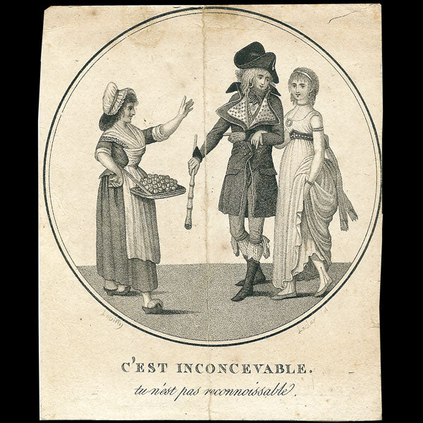 Incroyables et Merveilleuses - C'est inconcevable, tu n'est pas reconnaissable, gravure de Levilly (circa 1797)