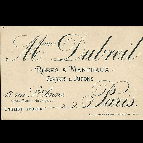 Carte de visite de la maison Madame Dubreuil, 12 rue Sainte-Anne à Paris