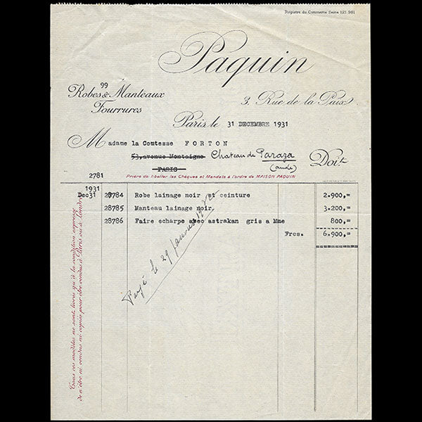 Paquin - Facture de la maison couture, 3 rue de la Paix (1931)